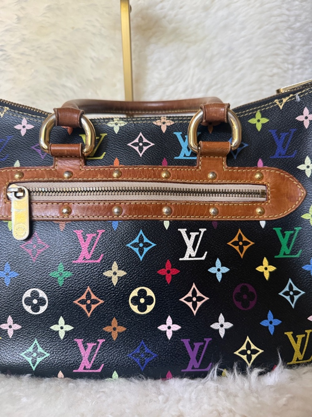 Louis Vuitton Black Multicolor Monogram Murakami Satchel with Brown Leather Rita - Picture 7 of 9